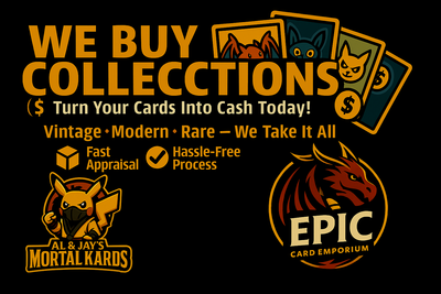 Advertisement for a card collection buying service with logos and text on a black background
